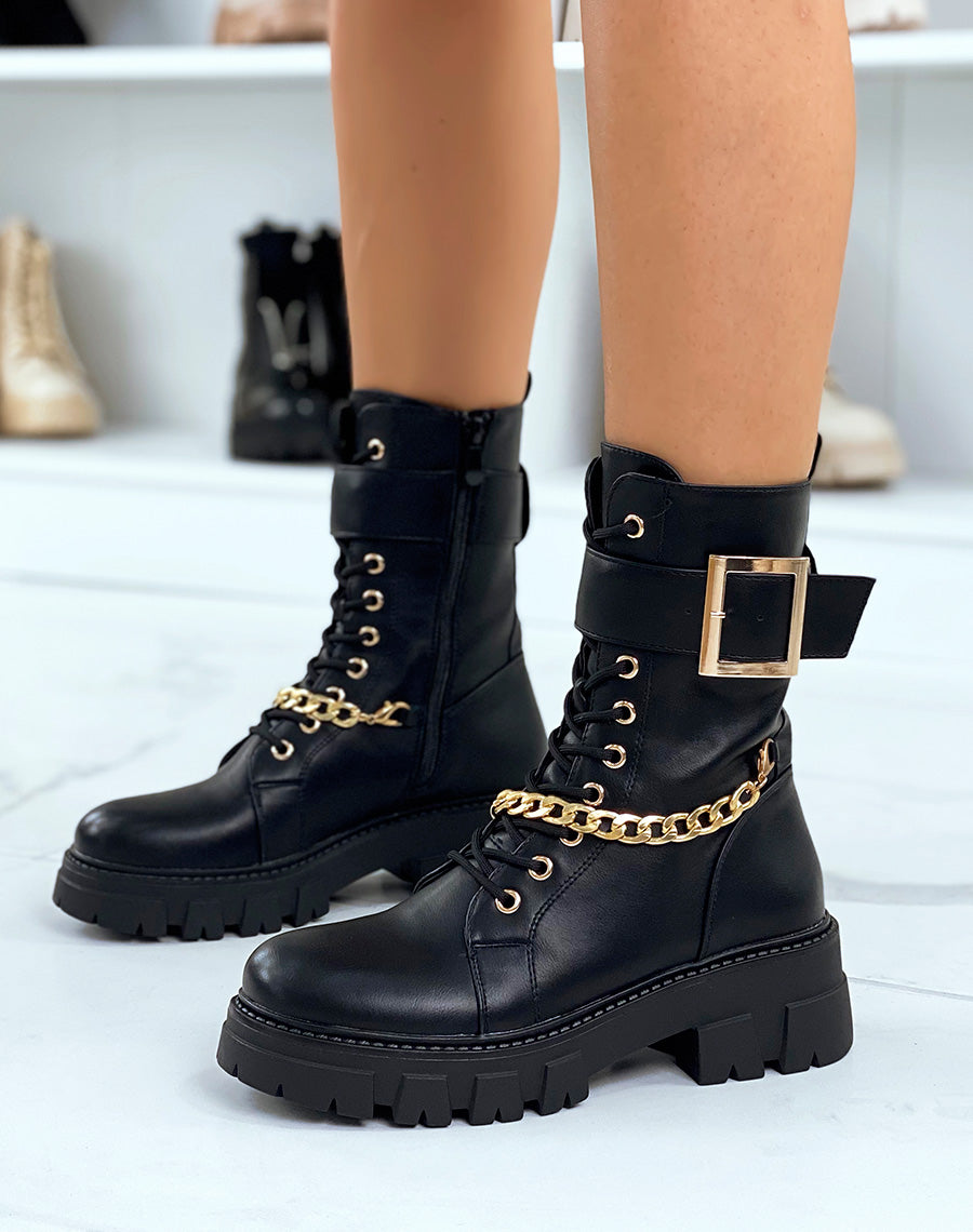Bottines noires montantes à chaîne et lanière dorée