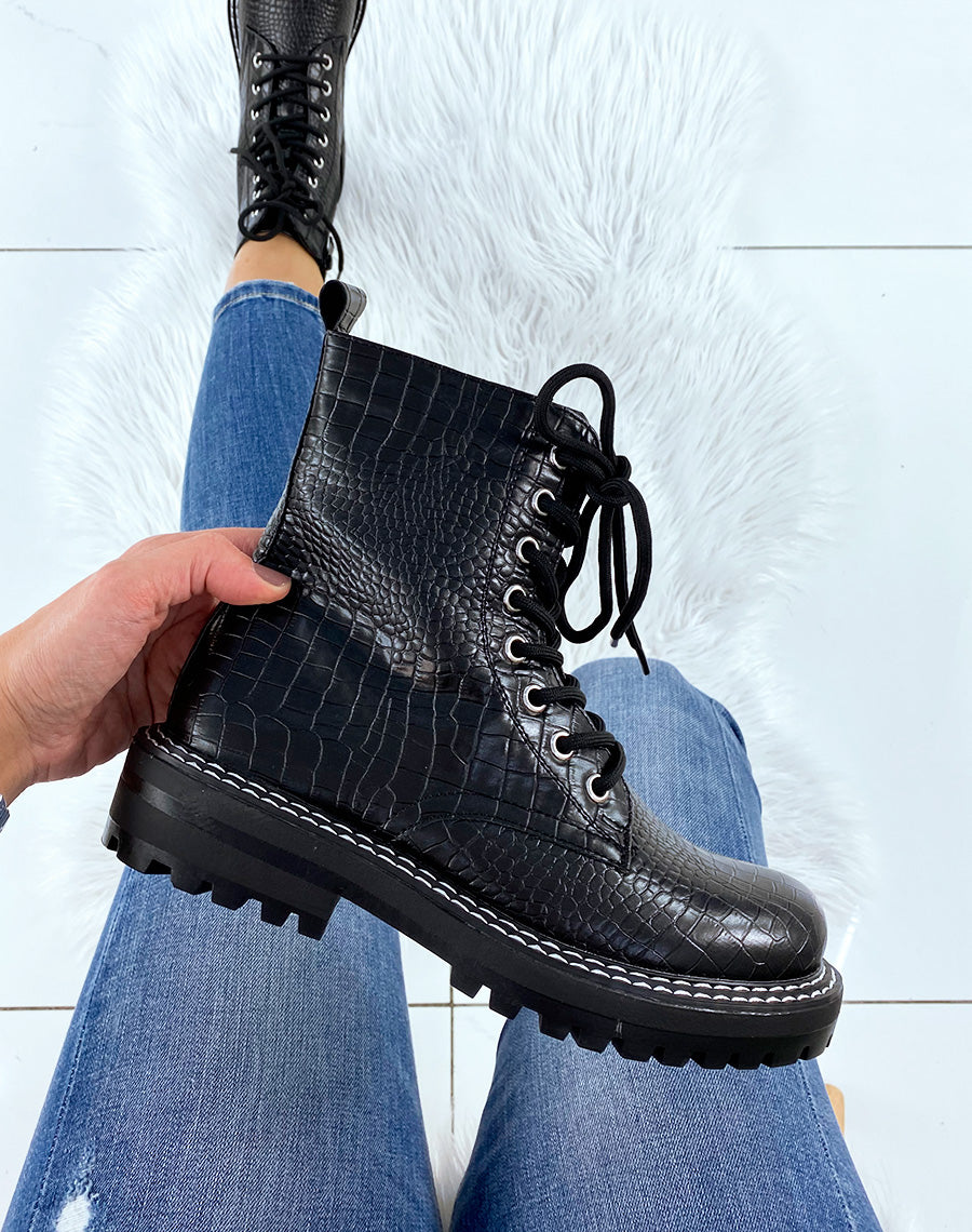 Bottines noires montantes effet croco