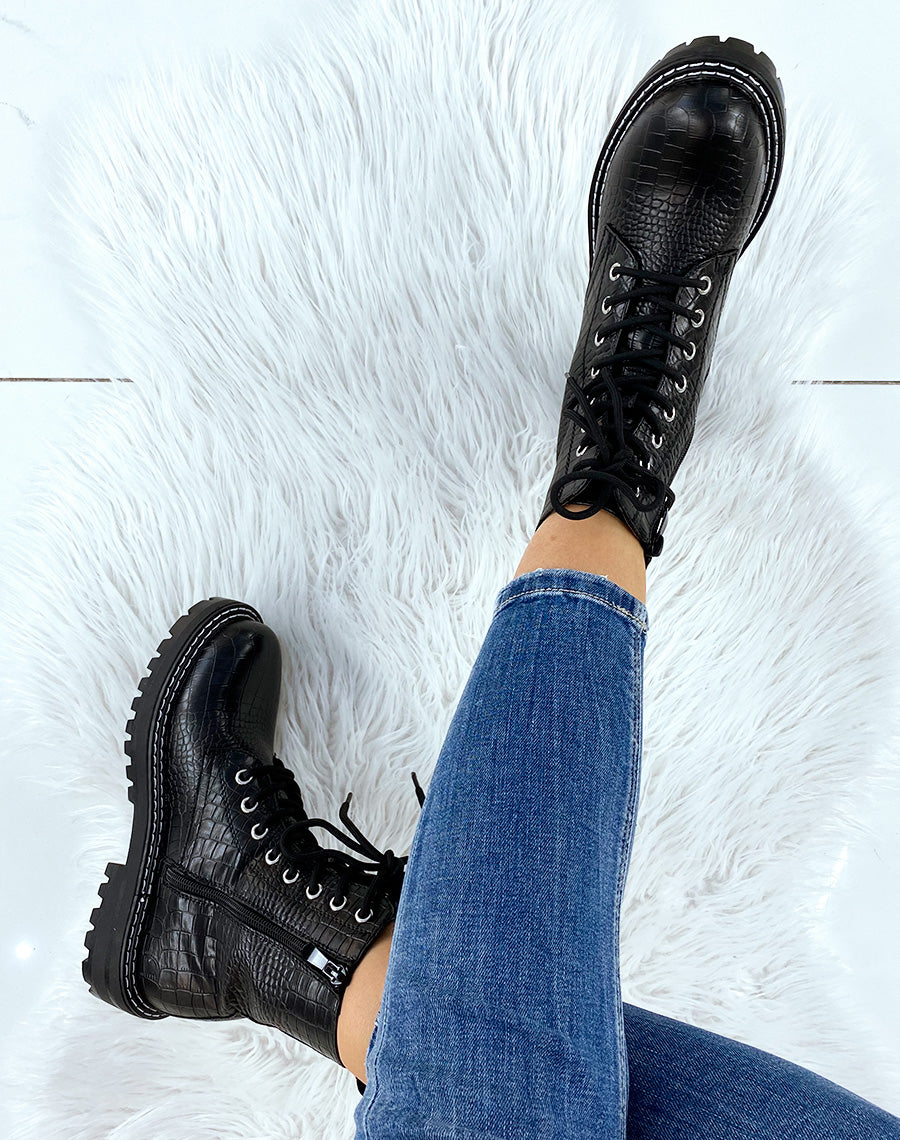 Bottines noires montantes effet croco