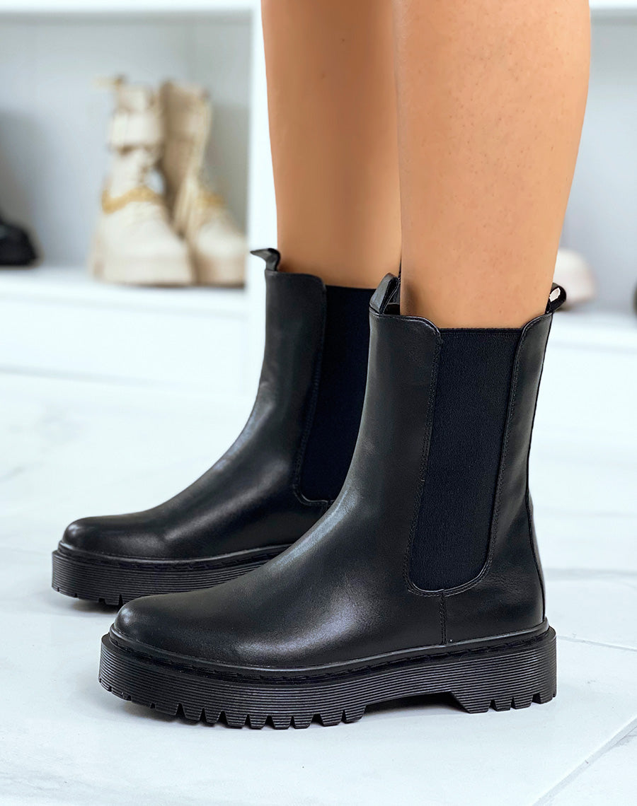 Bottines noires montantes style chelsea à semelle plate