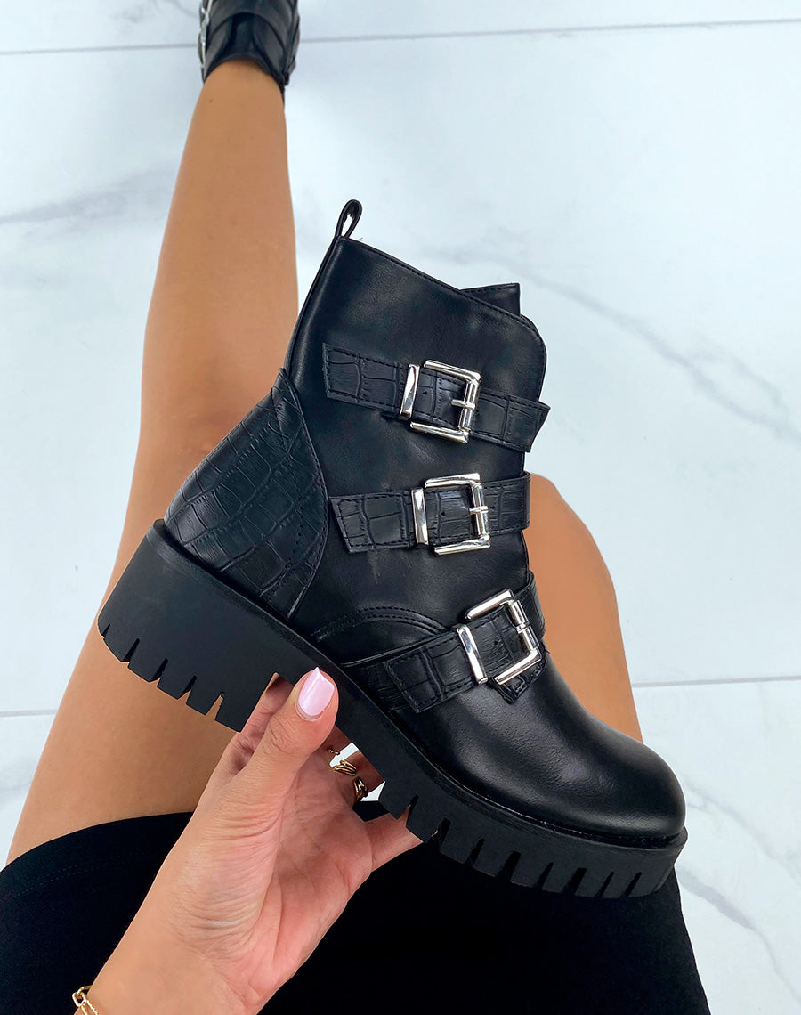 Bottines noires à multiples sangles en effet croco