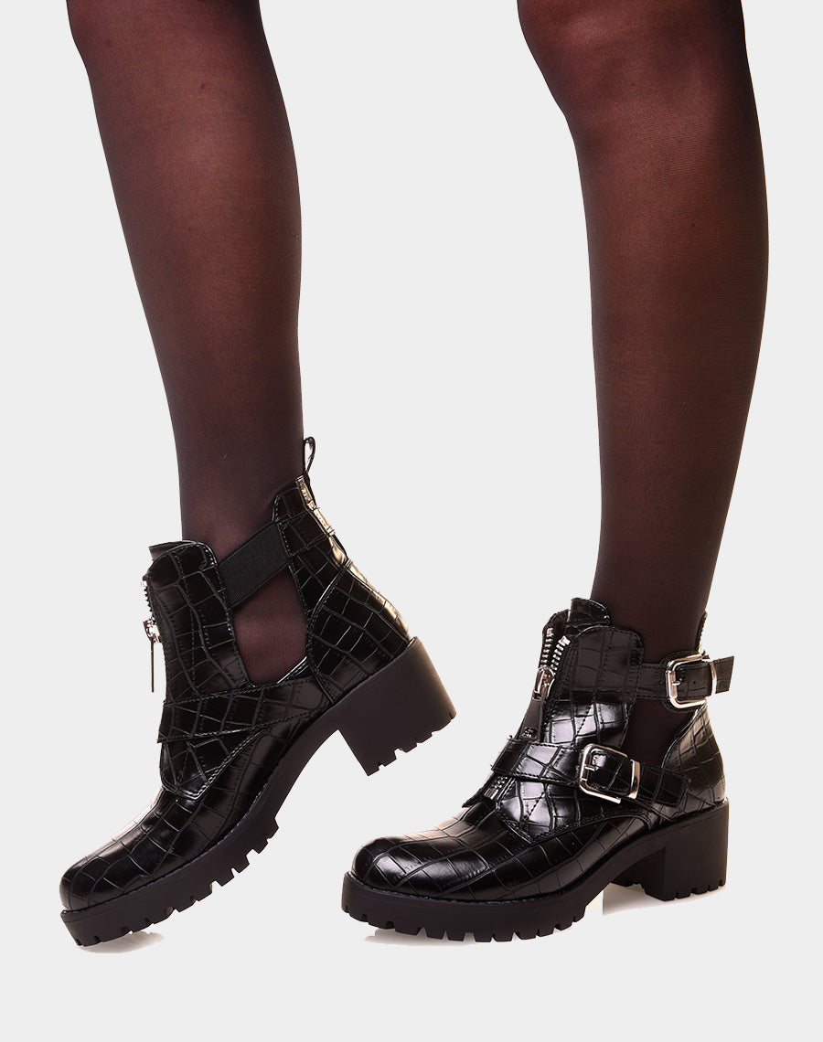 Bottines noires ouvertes à double lanières effet croco