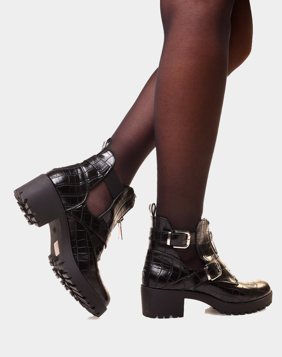 Bottines noires ouvertes à double lanières effet croco
