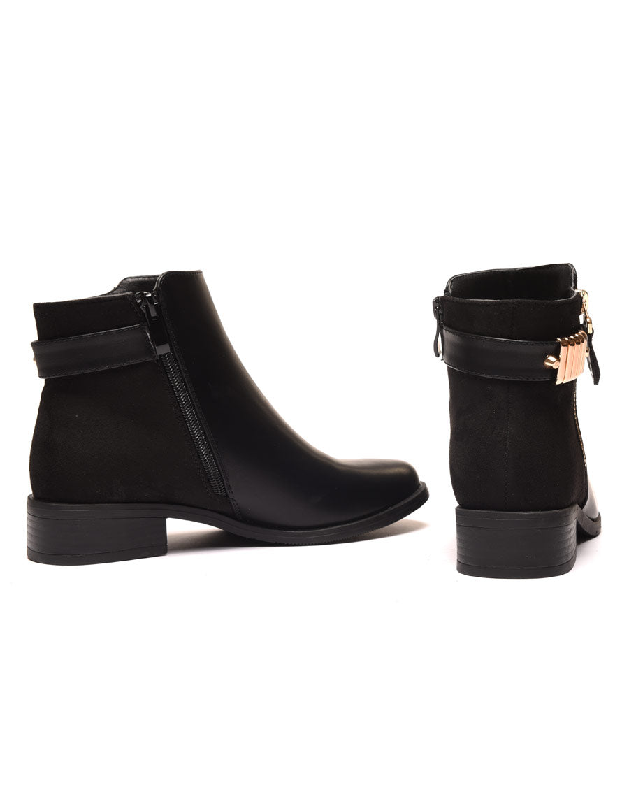 Bottines noires plates bi matières avec détails à l'arrière 