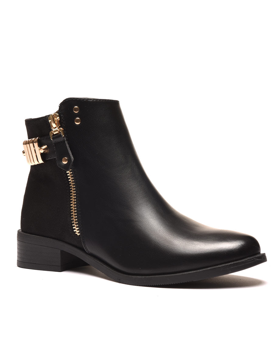 Bottines noires plates bi matières avec détails à l'arrière 