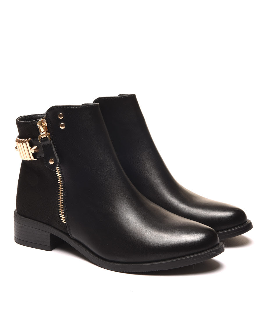 Bottines noires plates bi matières avec détails à l'arrière 