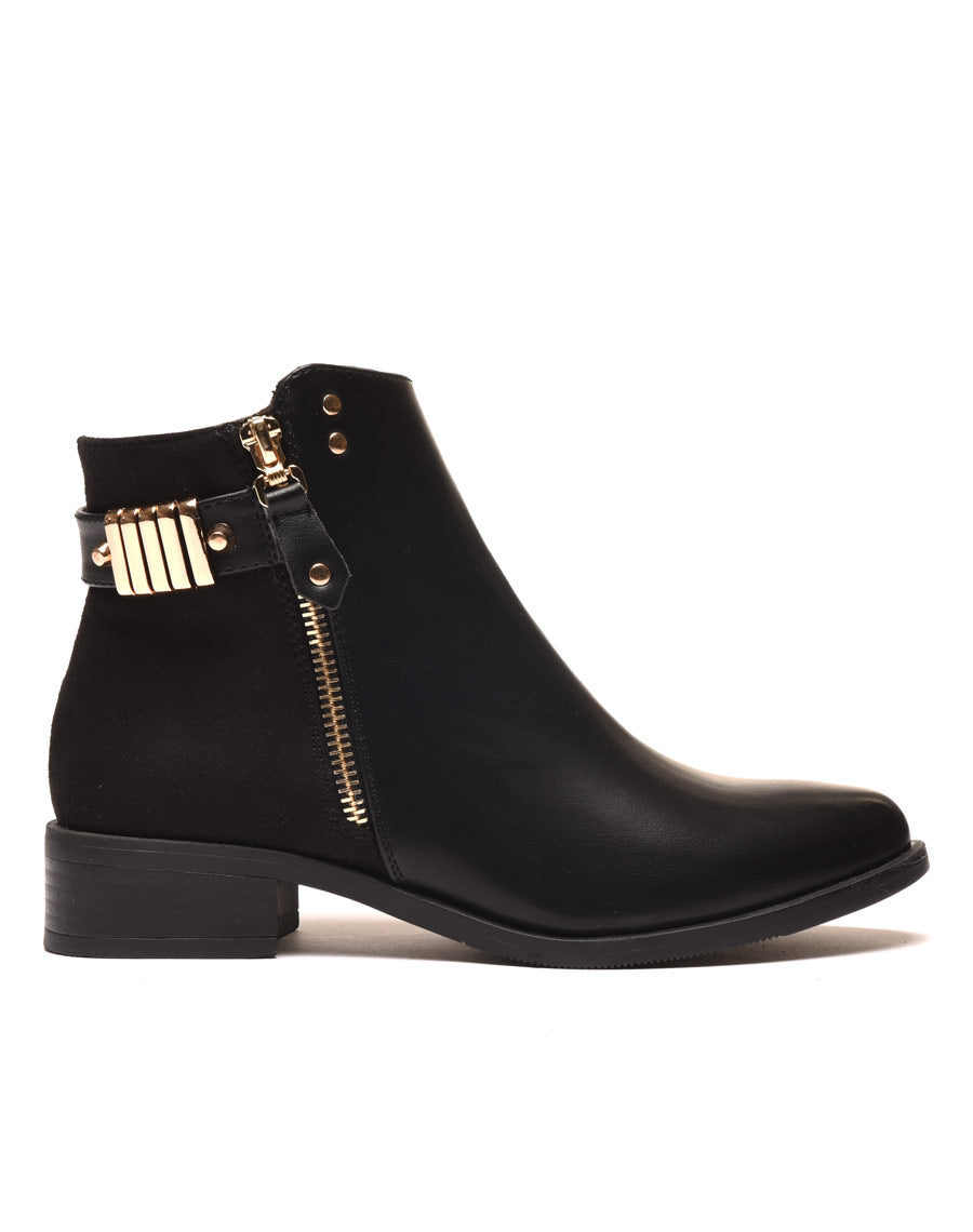 Bottines noires plates bi matières avec détails à l'arrière 