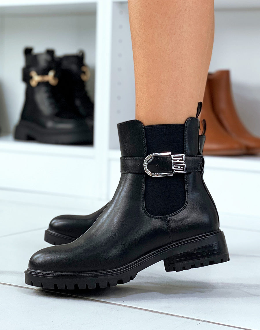Bottines noires style chelsea à lanière à détail argenté