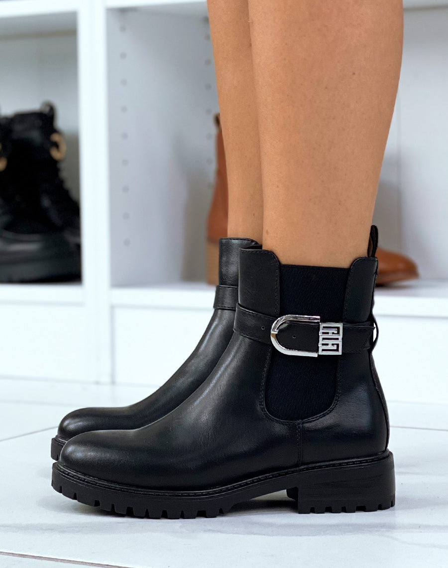 Bottines noires style chelsea à lanière à détail argenté