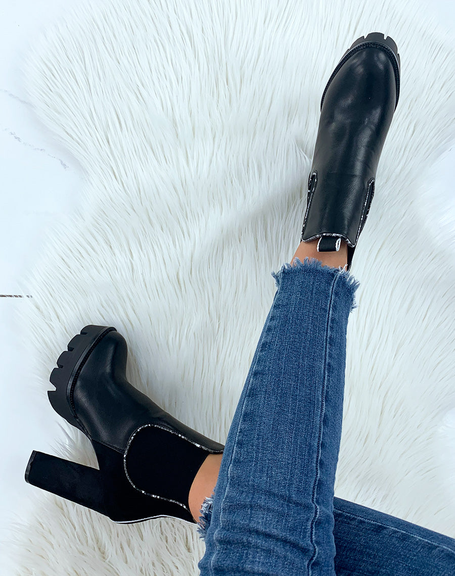 Bottines noires à talon bi-matière détails python
