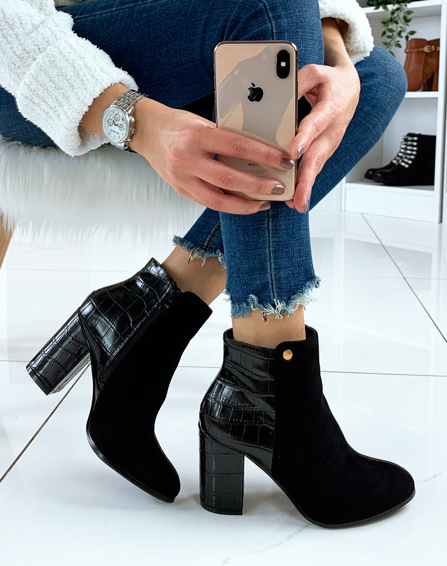 Bottines noires à talon en suédine noir et effet croco