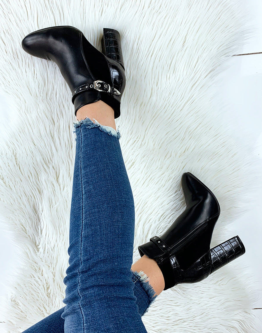 Bottines noires à talon triple matières