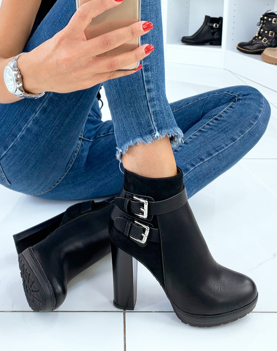 Bottines noires à talons bi-matières