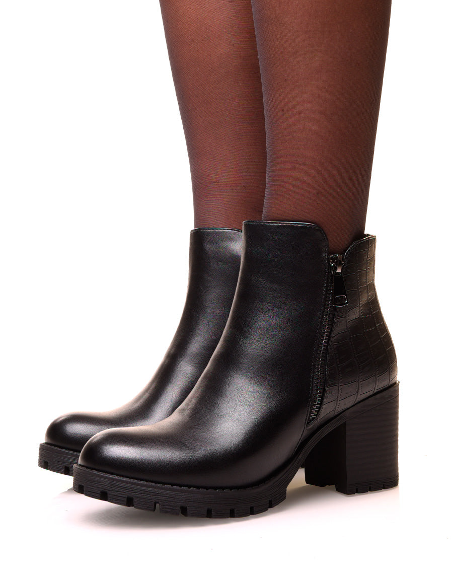 Bottines noires à talons carrés bi-matières