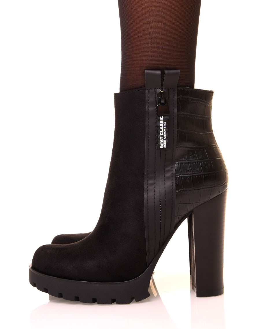 Bottines noires à talons hauts bi matières