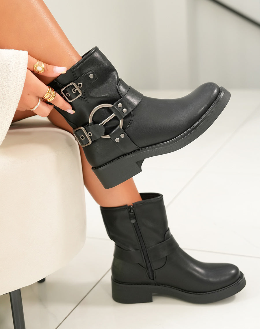BOTTINES NOIRES TENDANCE ? MULTIPLES LANI?RES ARGENT?ES POUR FEMME