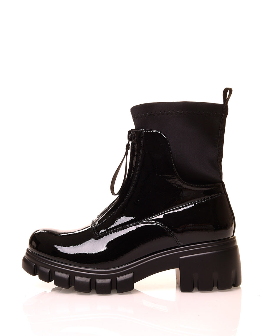 Bottines noires vernies a zip effet chaussette