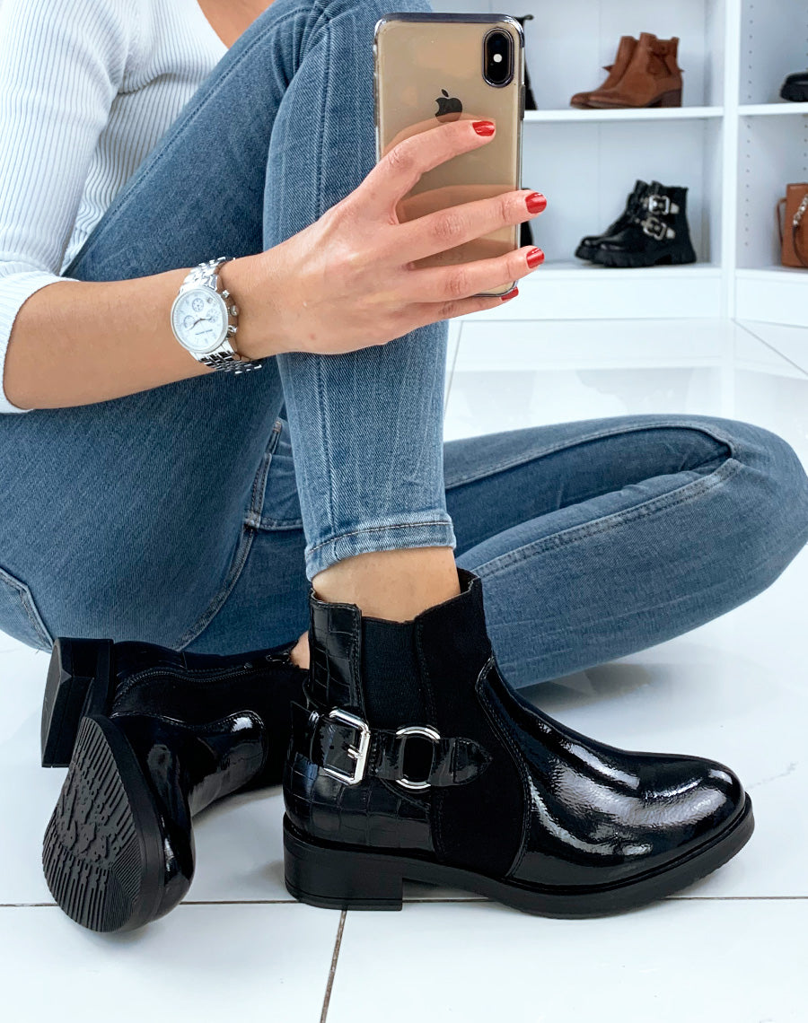 Bottines noires vernies à boucle et lanières