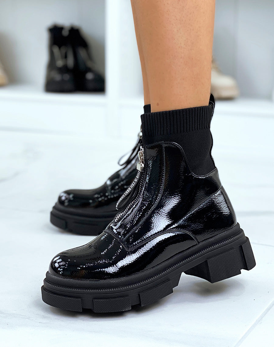 Bottines noires vernies effet chaussette à zip et semelle crantée