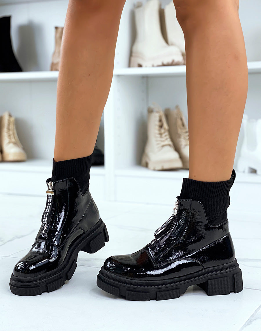 Bottines noires vernies effet chaussette à zip et semelle crantée