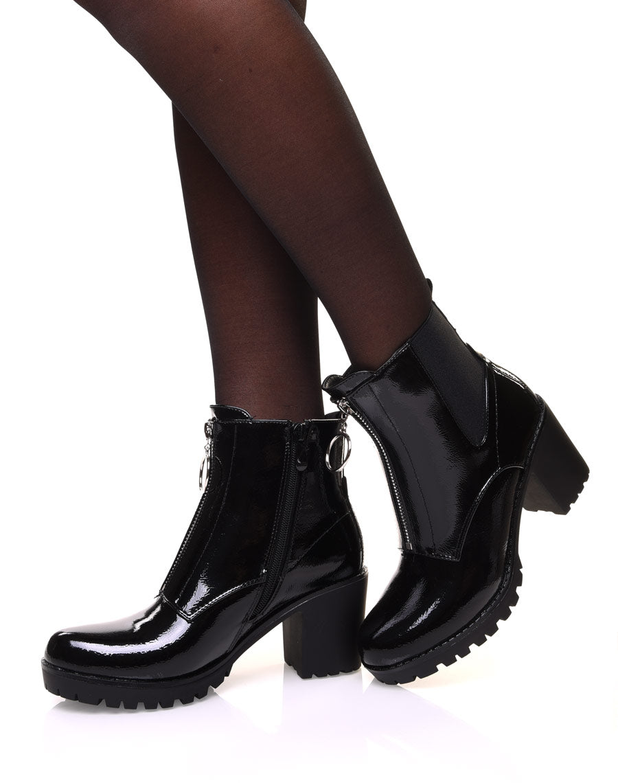 Bottines noires vernies grainées à talon mi haut