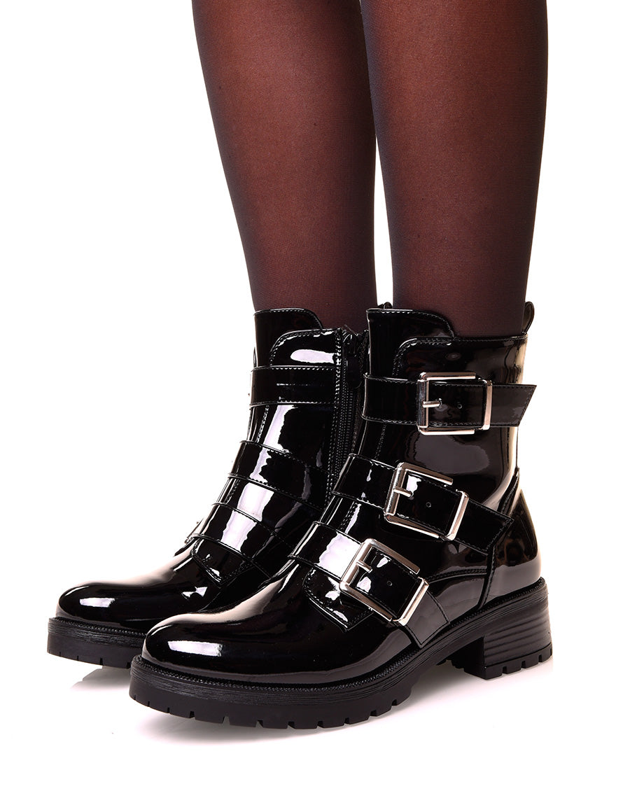 Bottines noires vernis noires à sangles