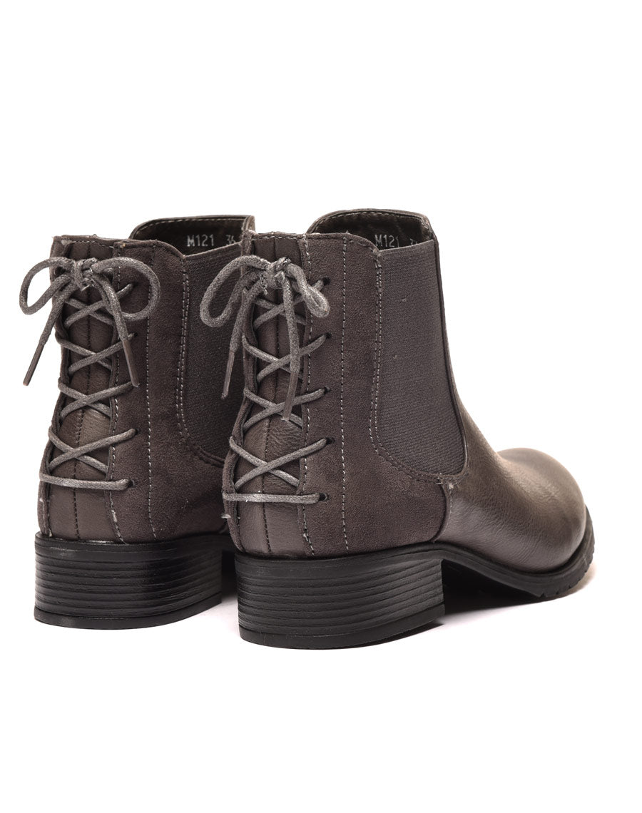 Bottines plates bi matières grises avec lacet décoratif arrière