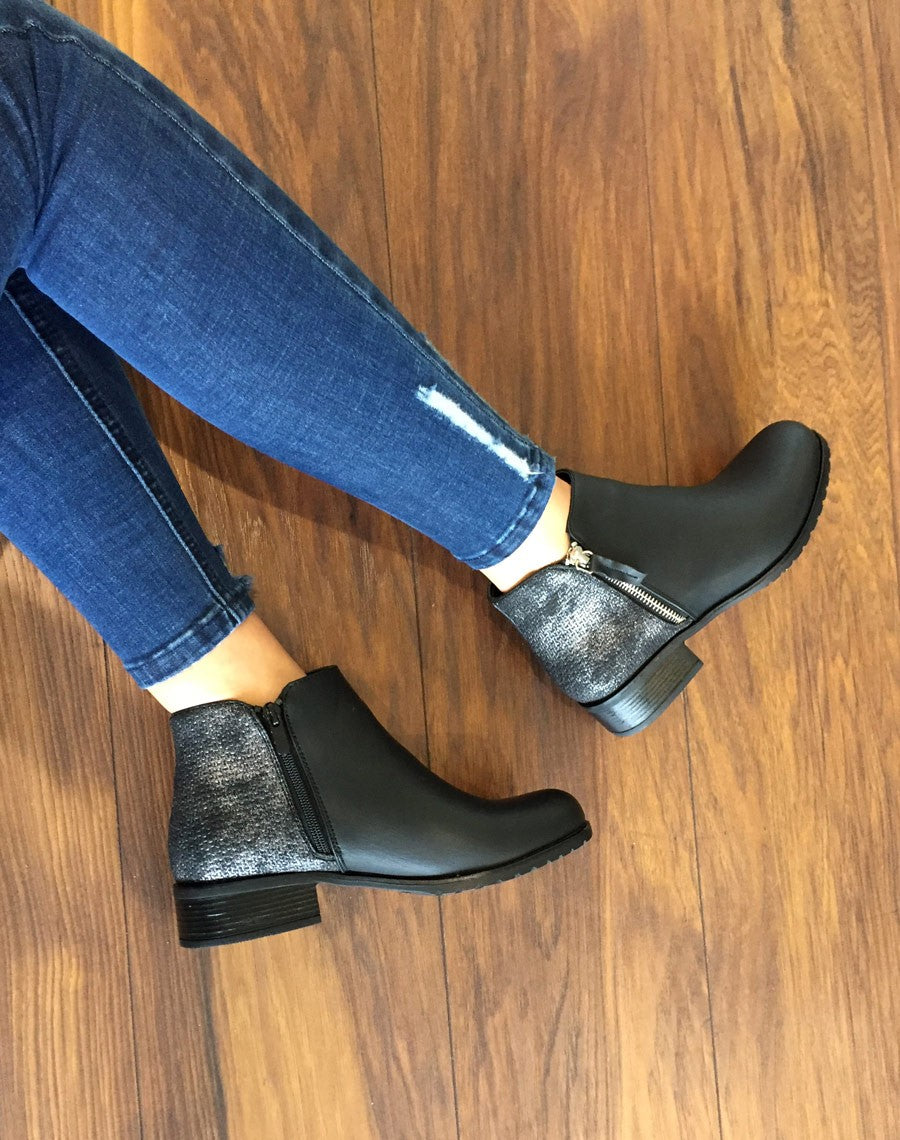 Bottines plates bi matières noires