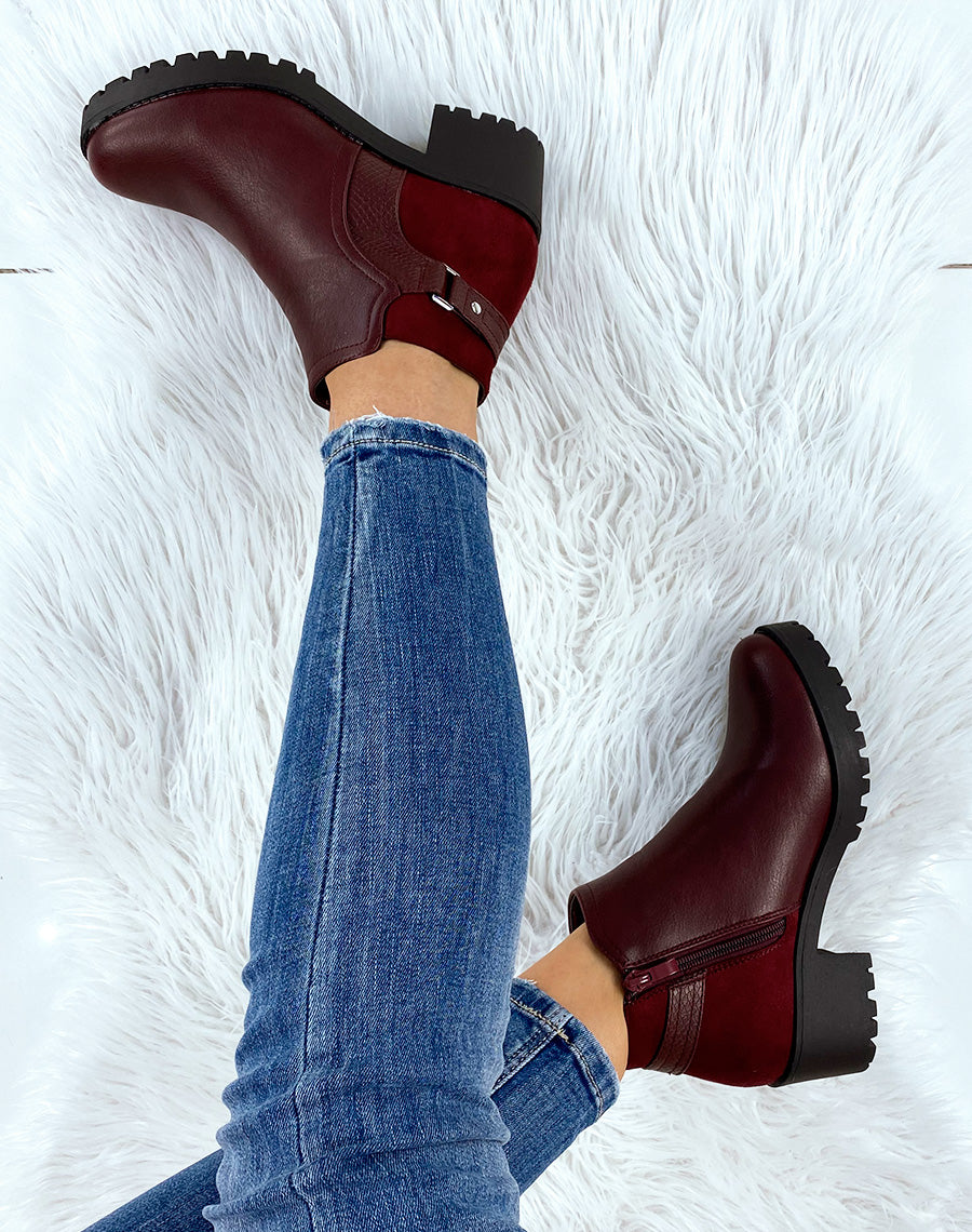 Bottines rouge bi-matière à talon