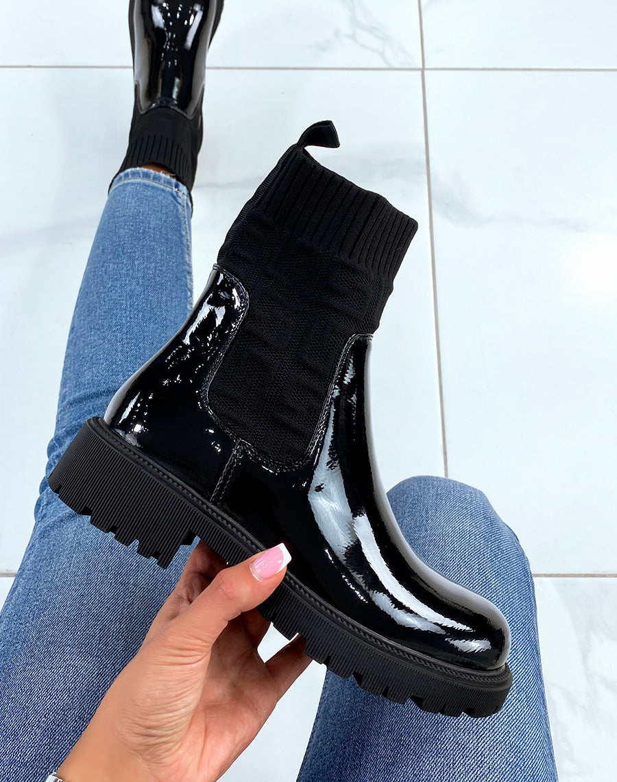 Bottines style chelsea noires vernies effet chaussette