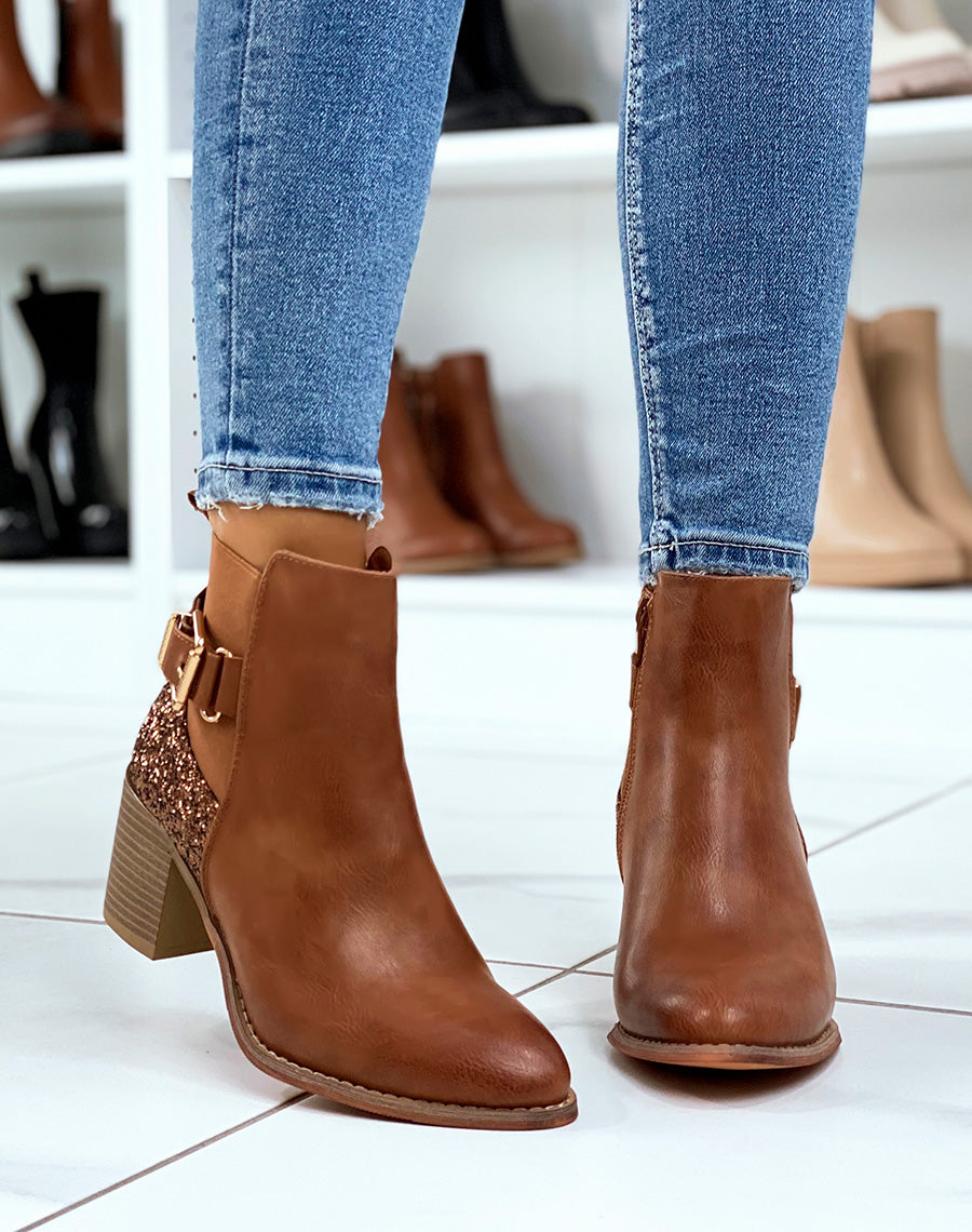 Bottines à talon camel à détail pailleté