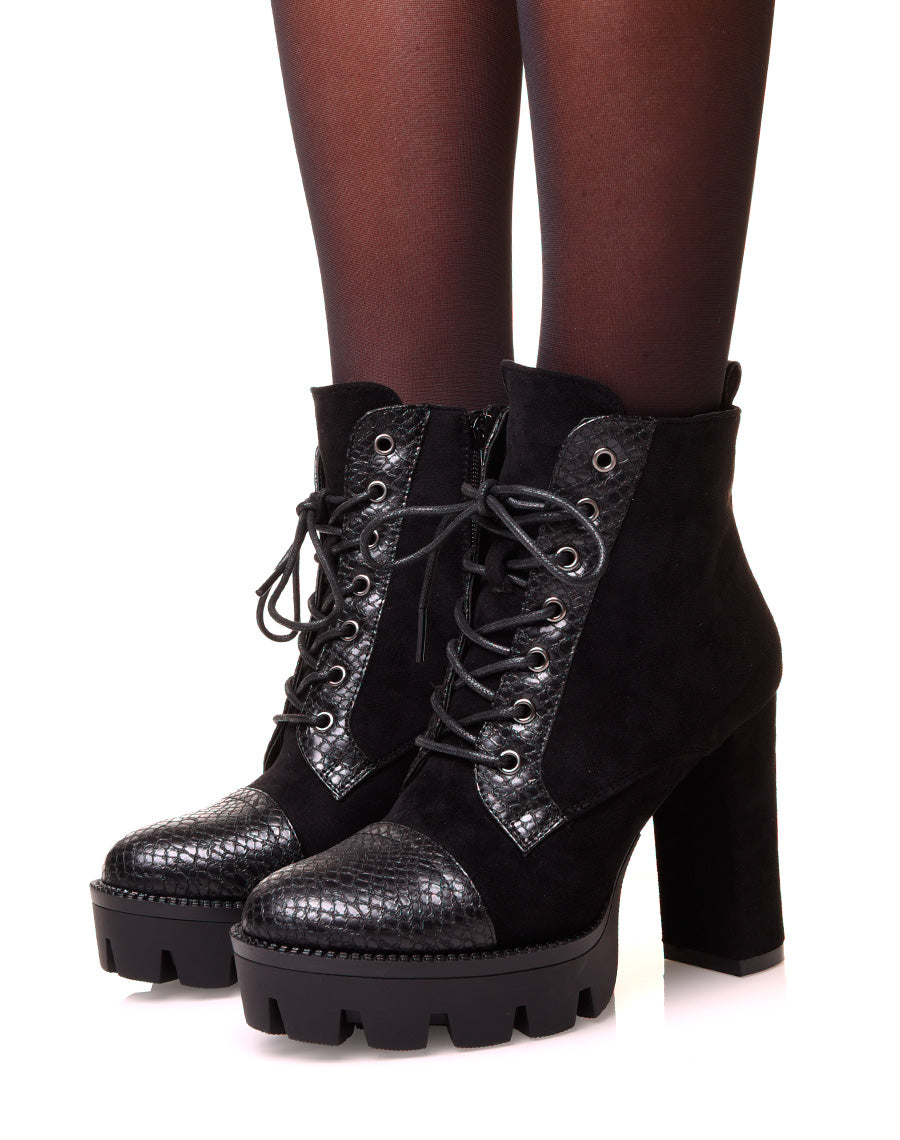 Bottines à talon noir bi-matière effet python