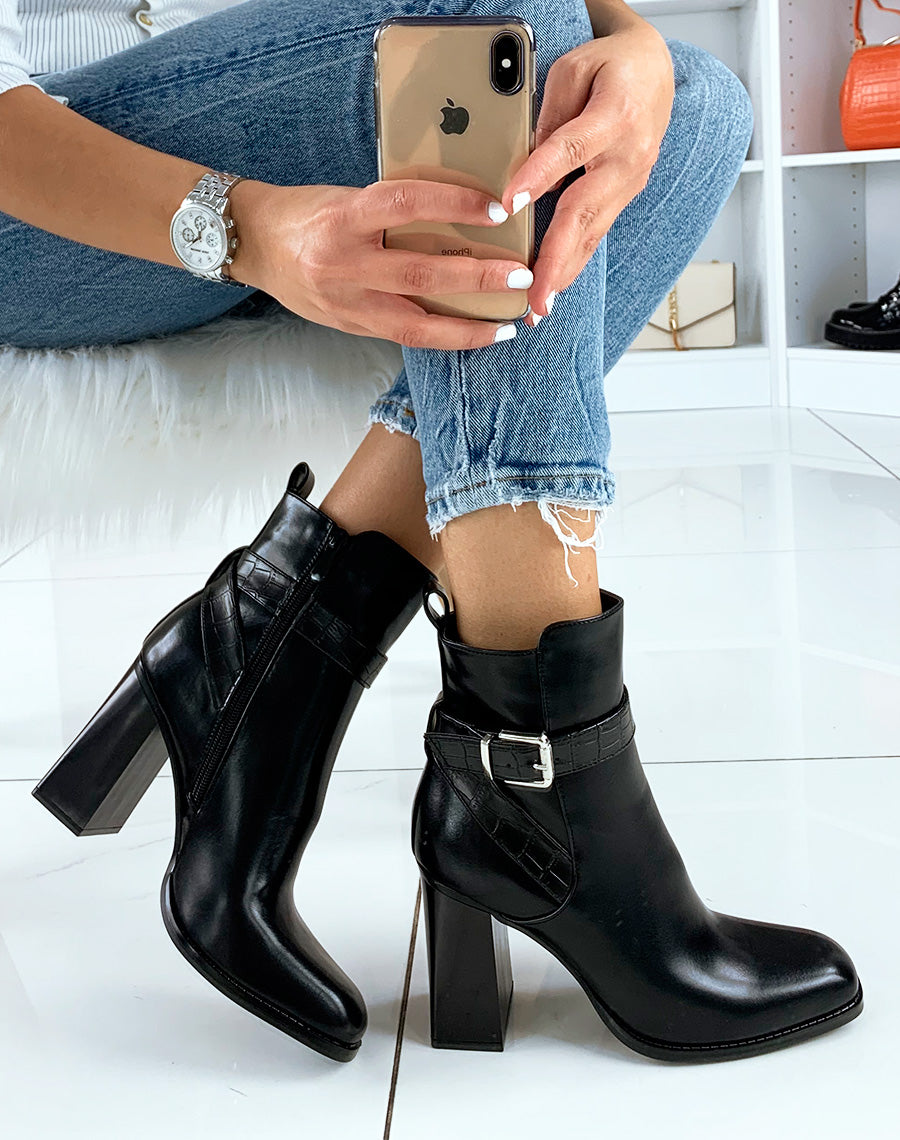 Bottines à talon noires à bout carré