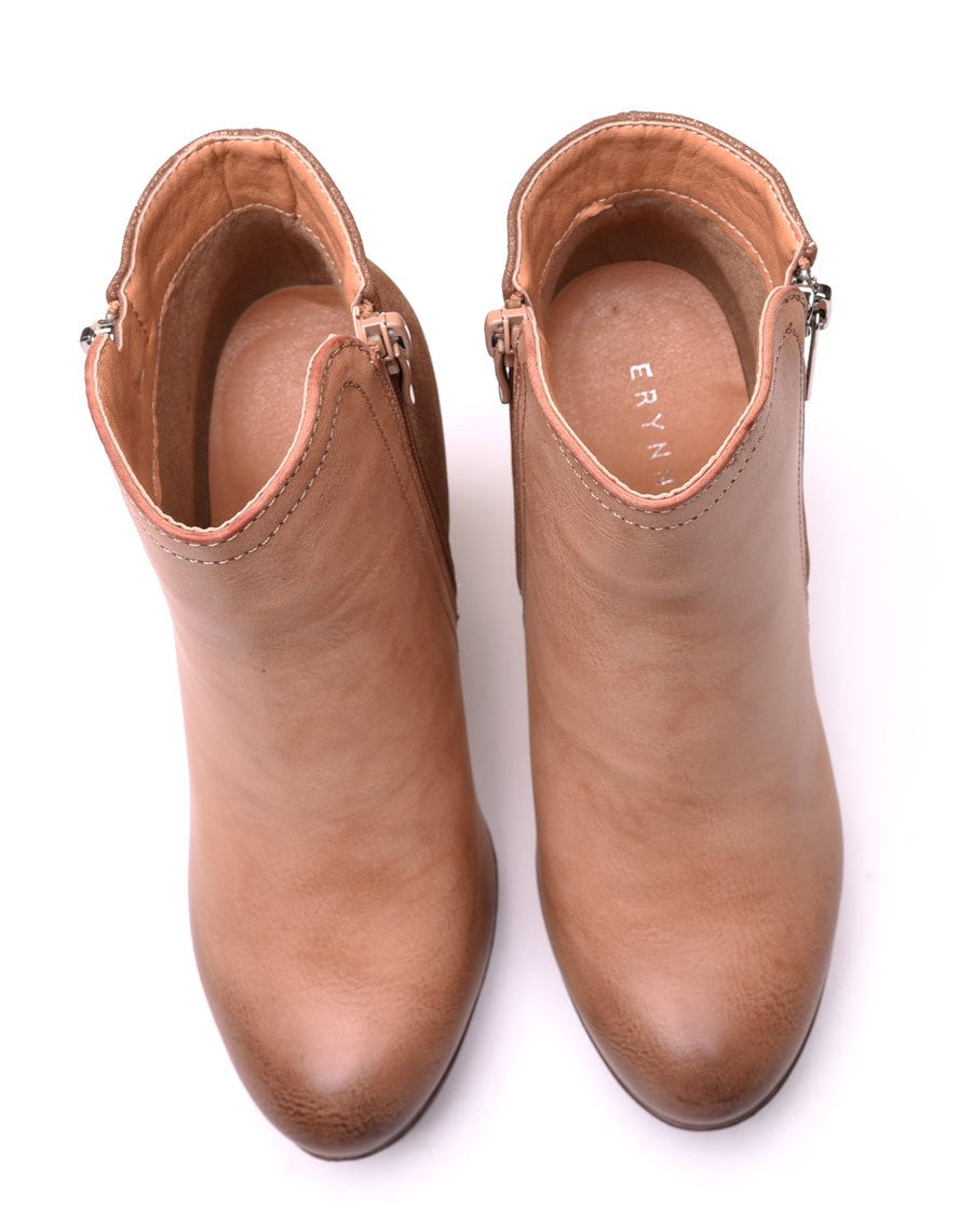 Bottines à talons bi matières camel