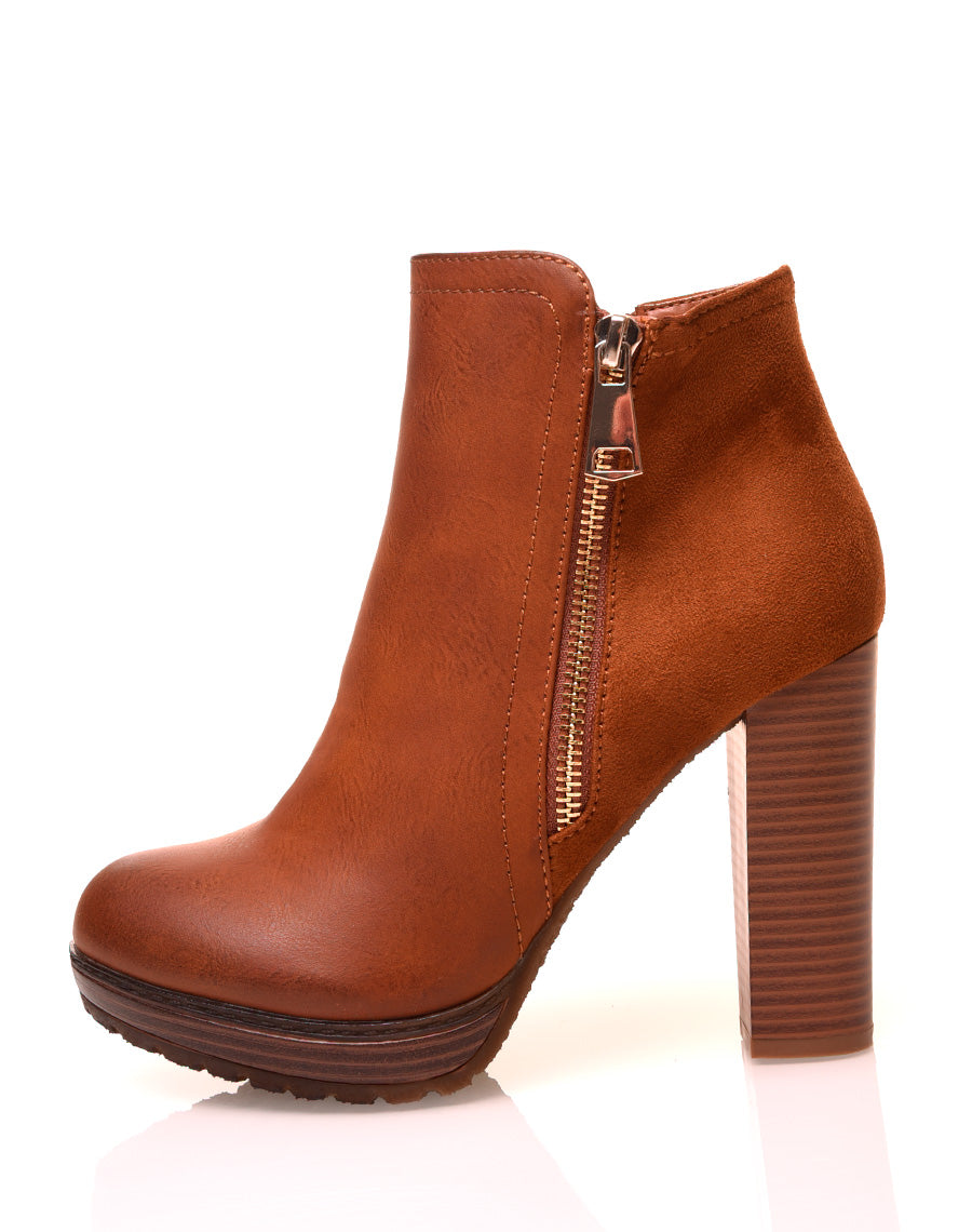 Bottines à talons camel bi matières
