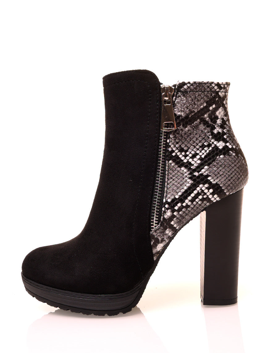 Bottines à talons effet python bi-matières
