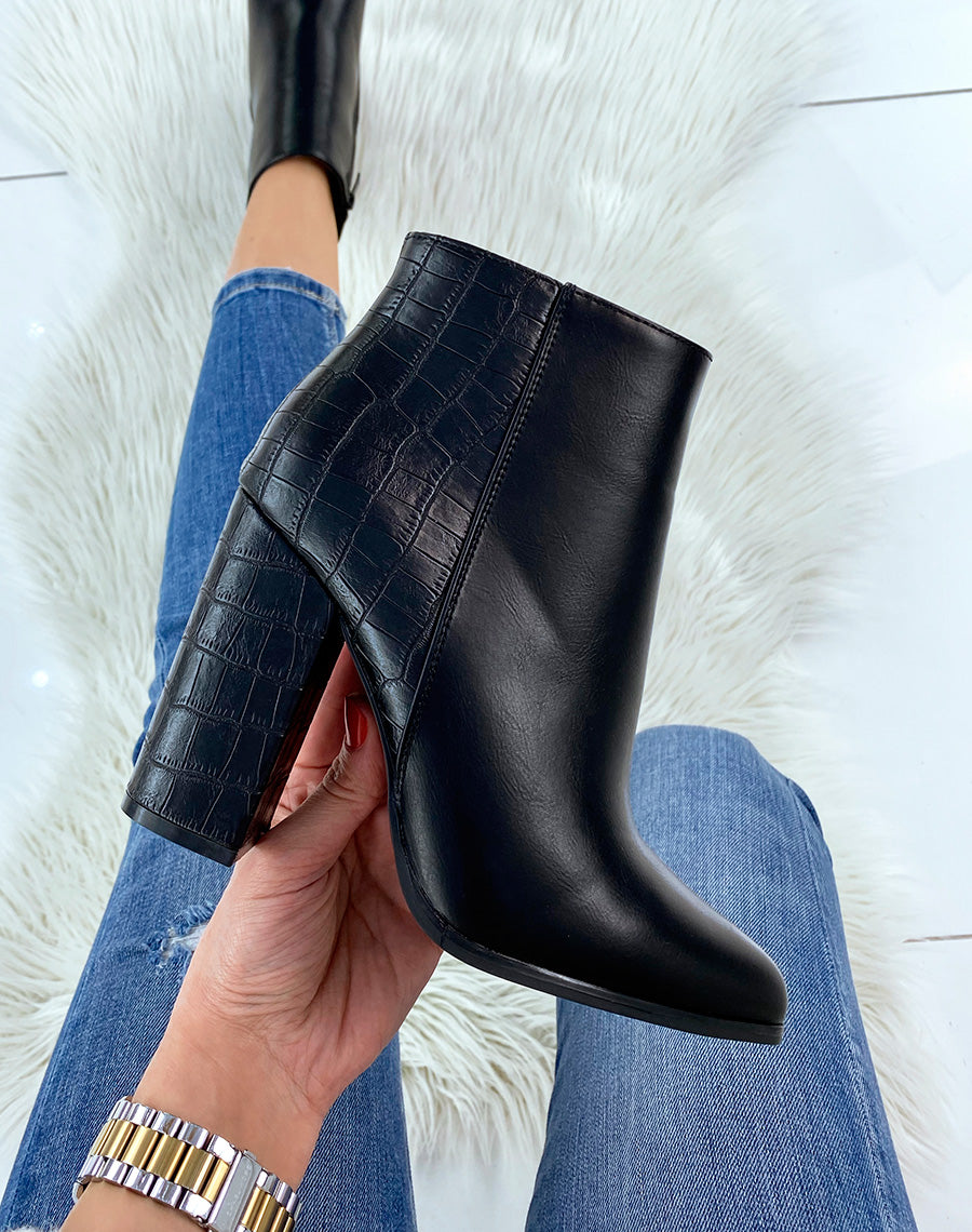 Bottines à talons et à bout pointu bi-matières effet croco