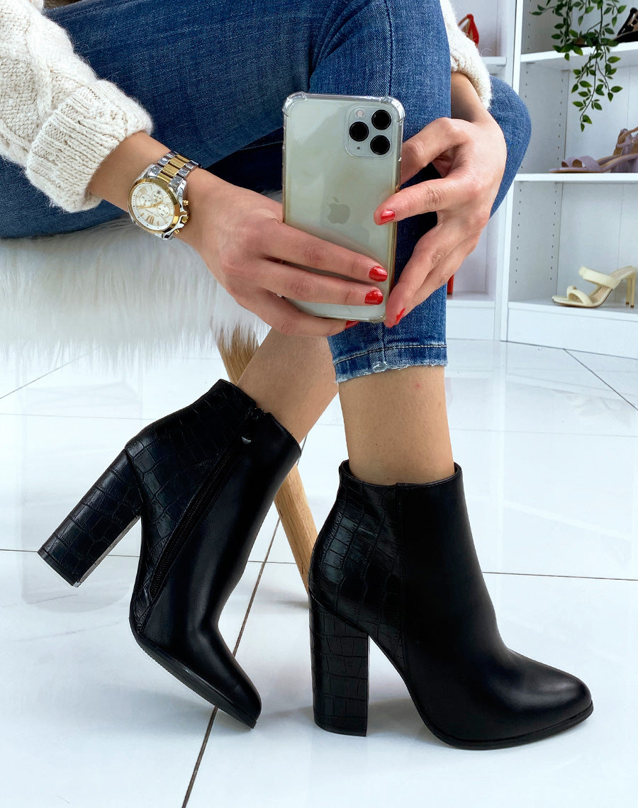 Bottines à talons et à bout pointu bi-matières effet croco