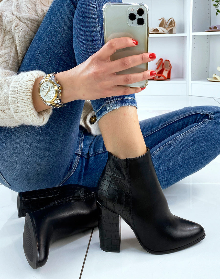 Bottines à talons et à bout pointu bi-matières effet croco