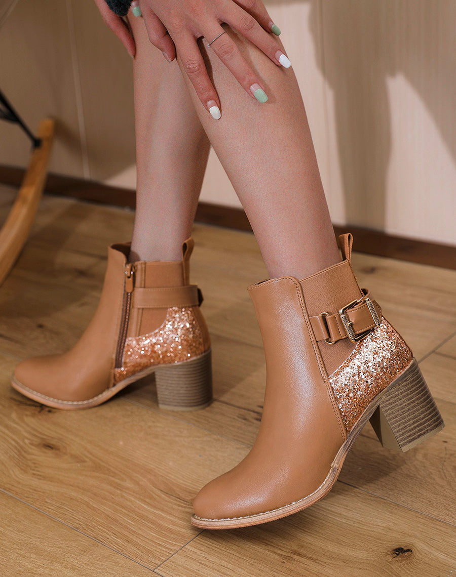 Bottines à talons marrons à détail pailleté