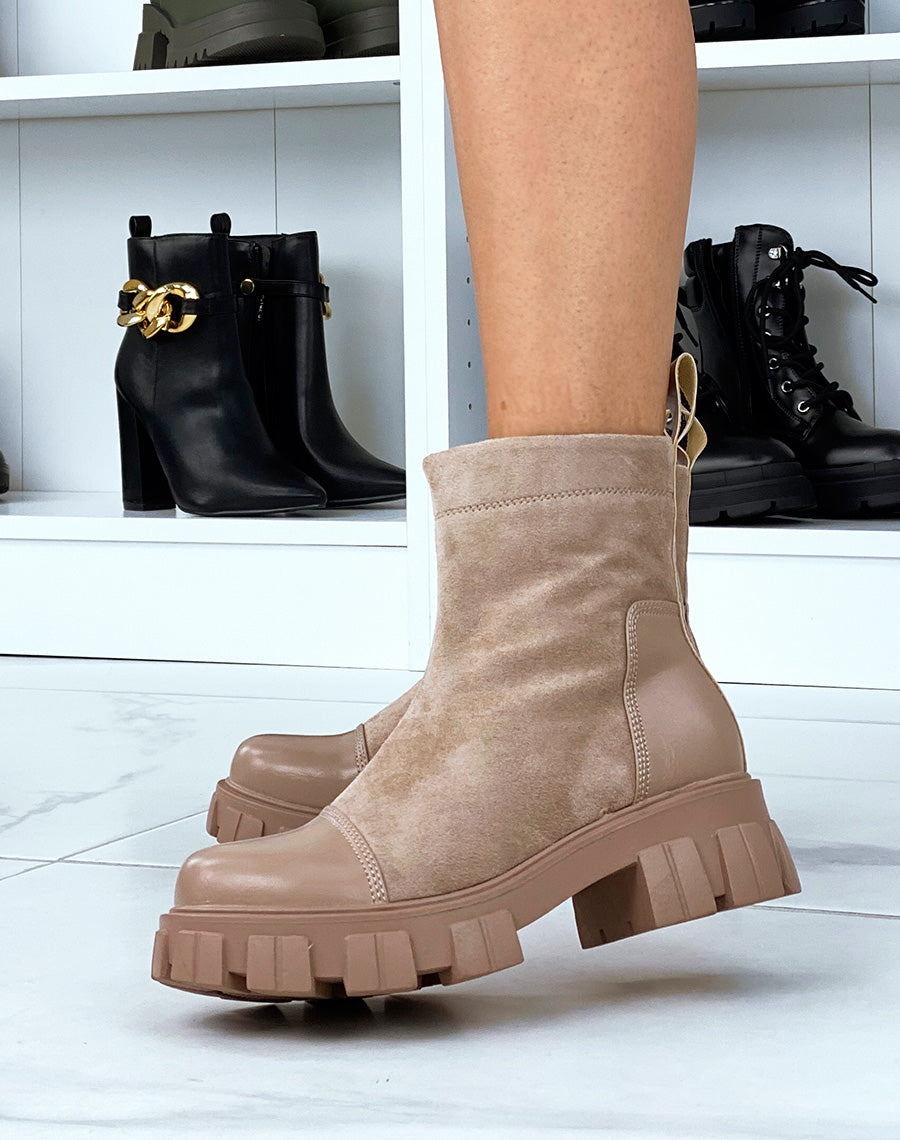Bottines taupe bi-matières en suédine