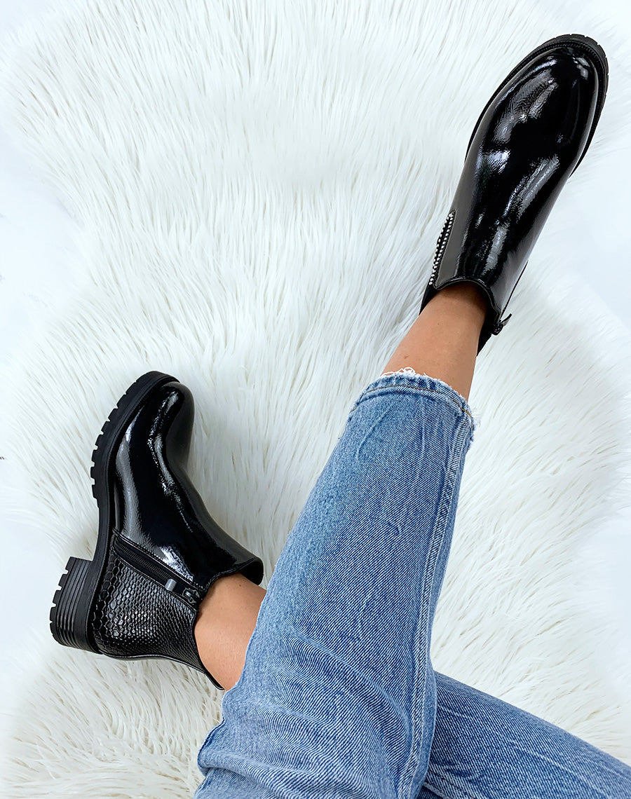 Bottines vernies noires lisse et effet croco à clou