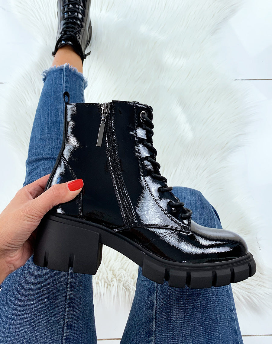 Bottines vernies noires à talon mi-haut