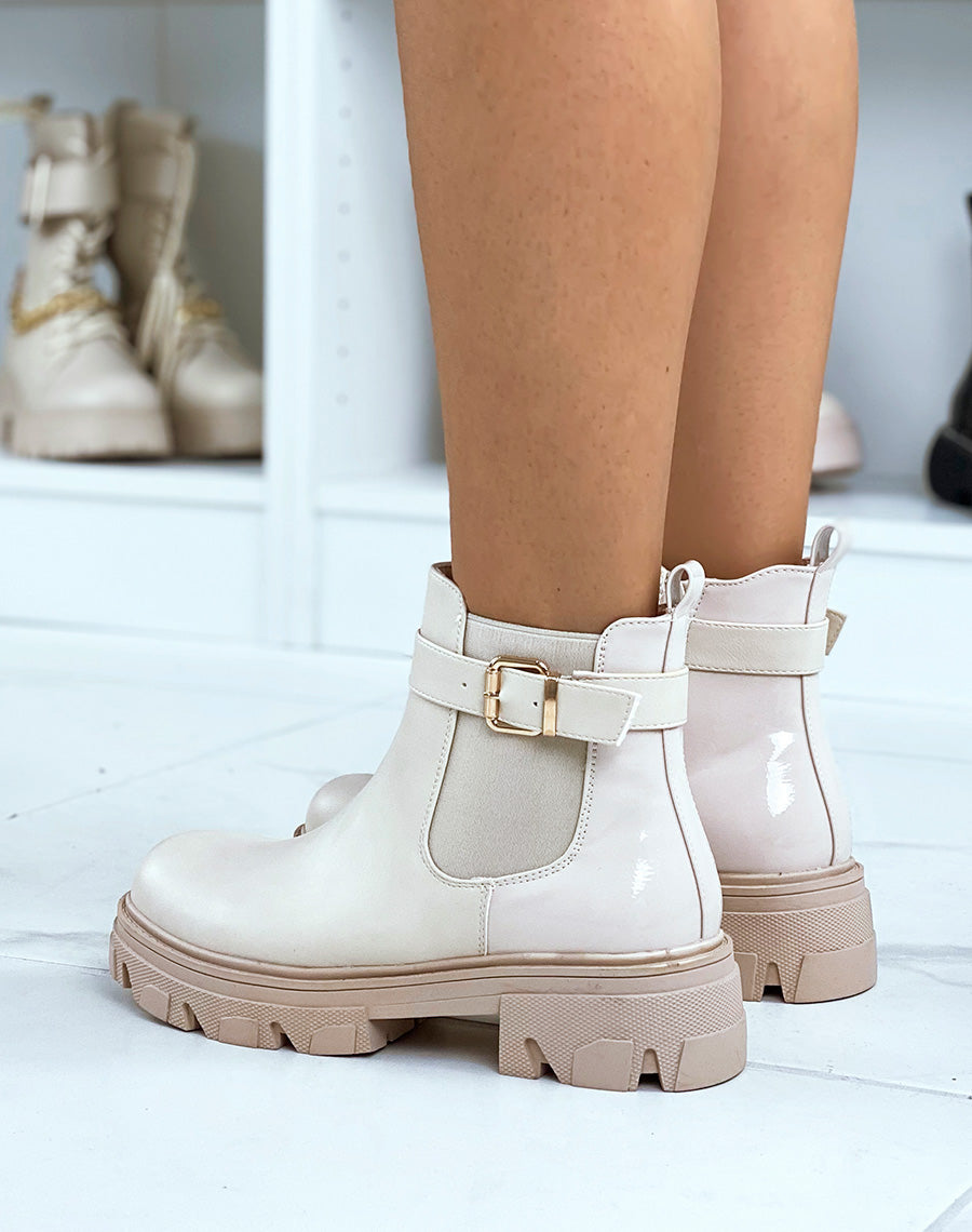 Chelsea beiges bi-matière à sangle dorée et semelle talonnée crantée