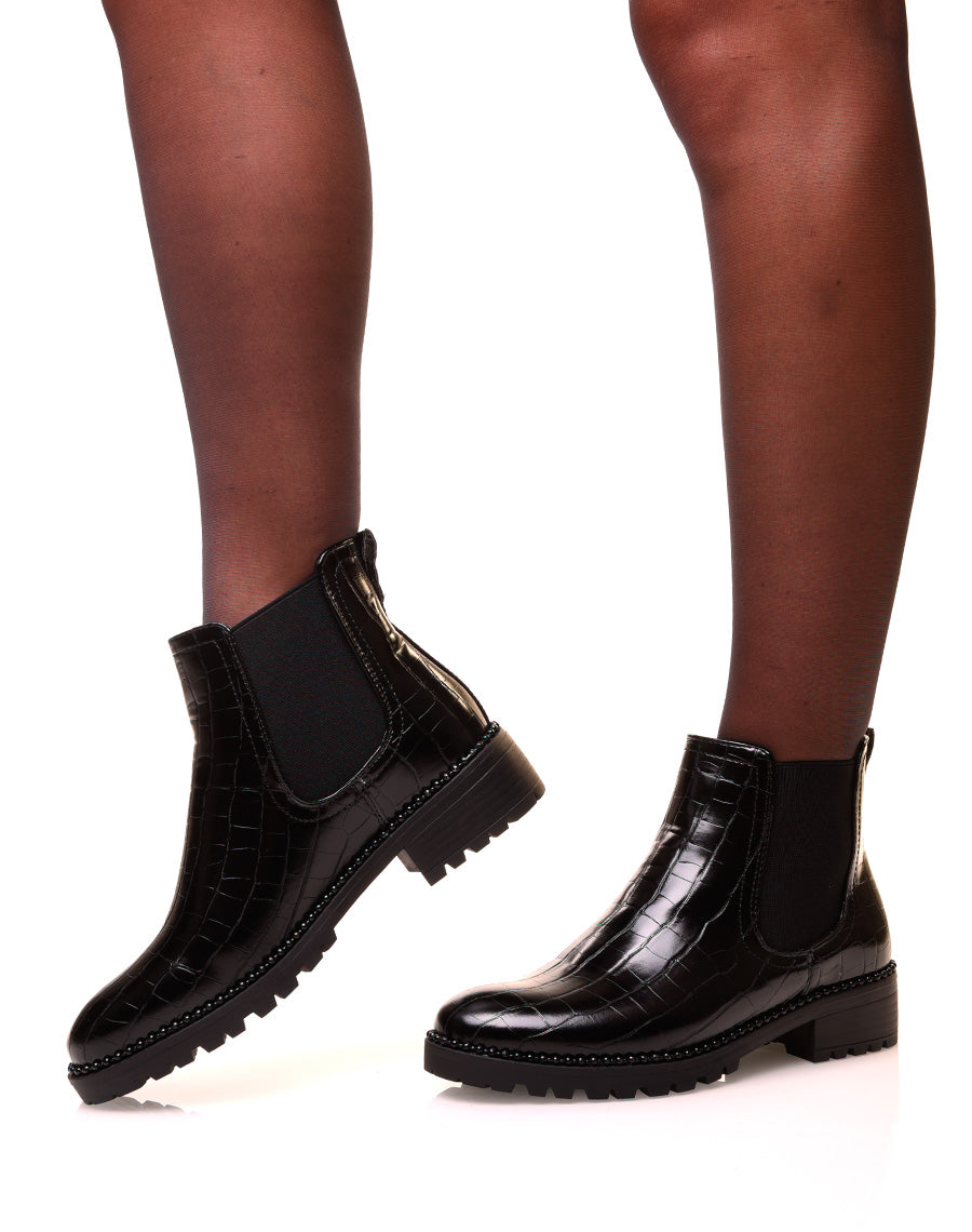 Chelsea boot noires effet croco et à détails perlés
