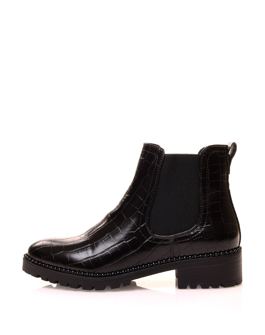 Chelsea boot noires effet croco et à détails perlés