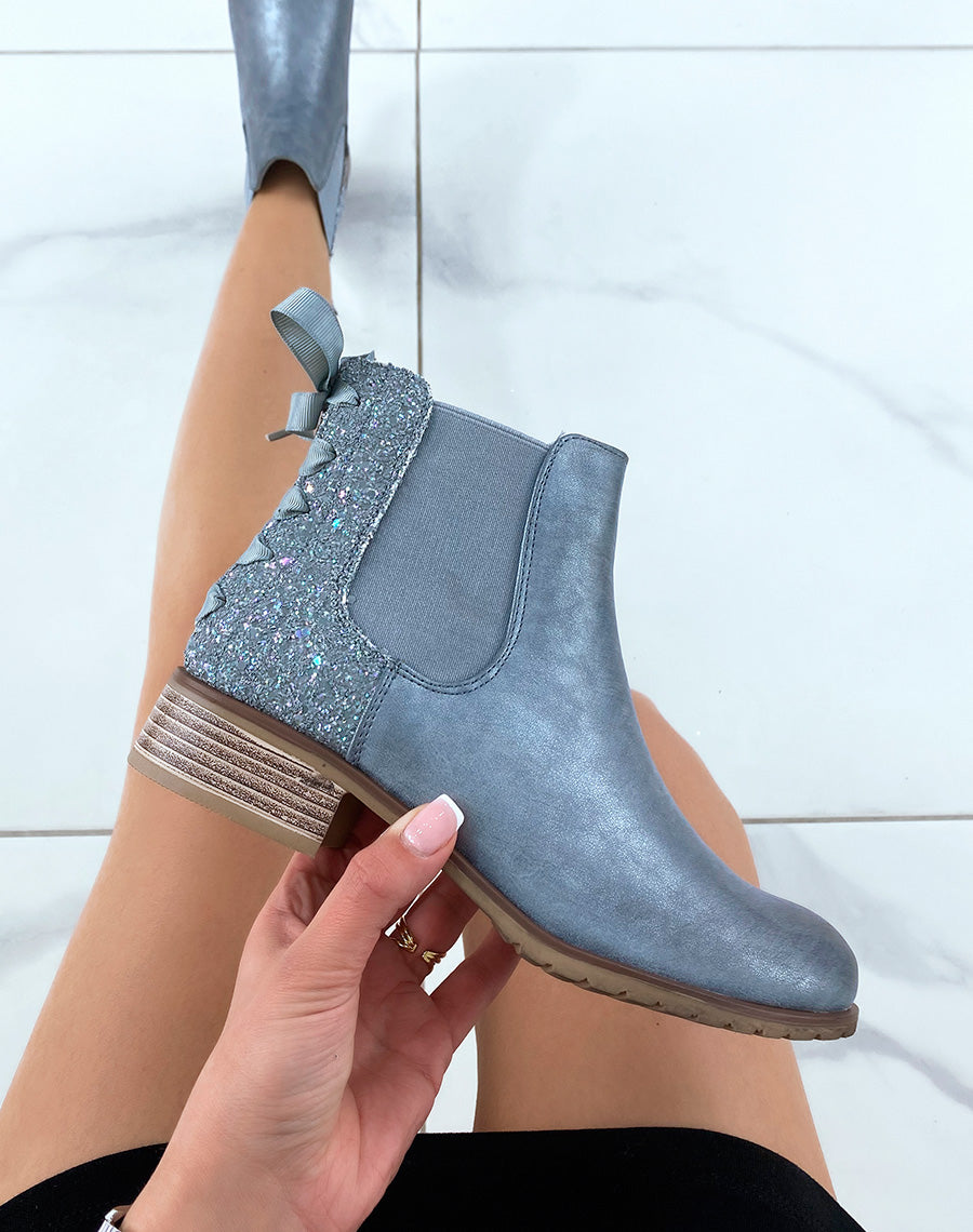 Chelsea boots basses bleues à paillettes et noeud