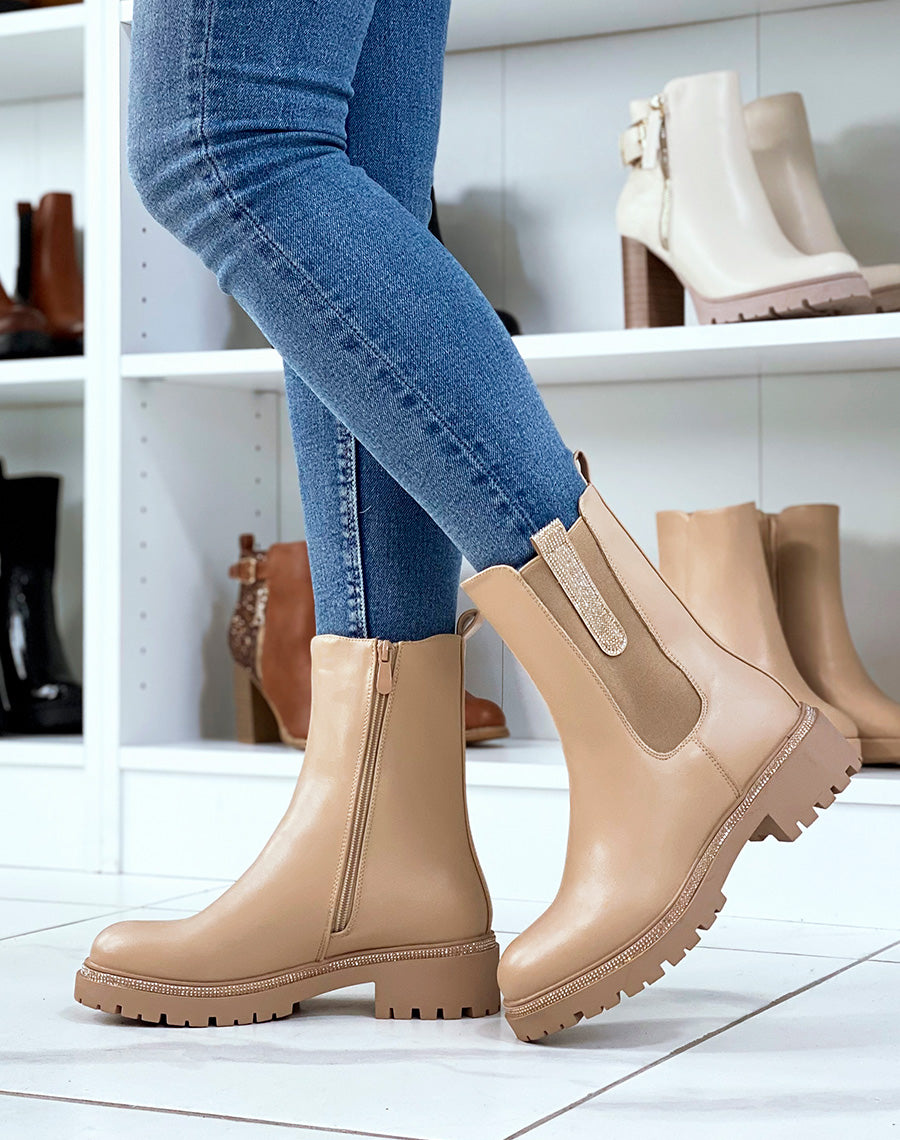Chelsea boots beiges à détails à strass