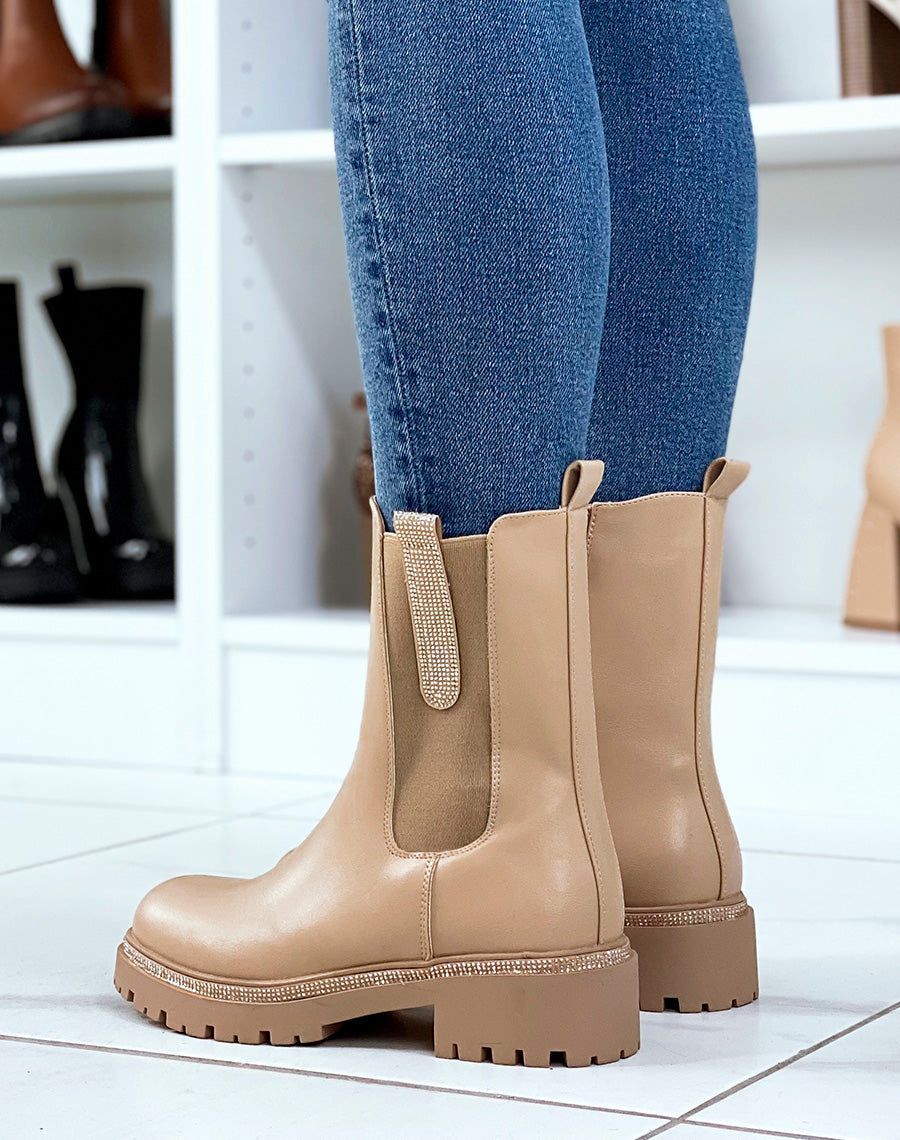 Chelsea boots beiges à détails à strass