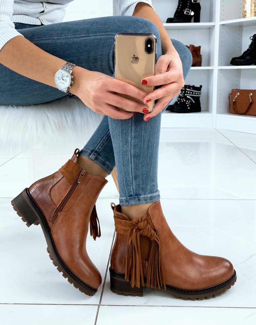 Chelsea boots camel bi-matière à frange